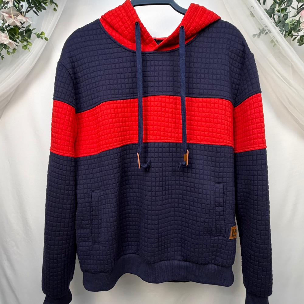 Navy Blue and Red Quilted Waffle Knit Colorblock Hoodie Mens Large
